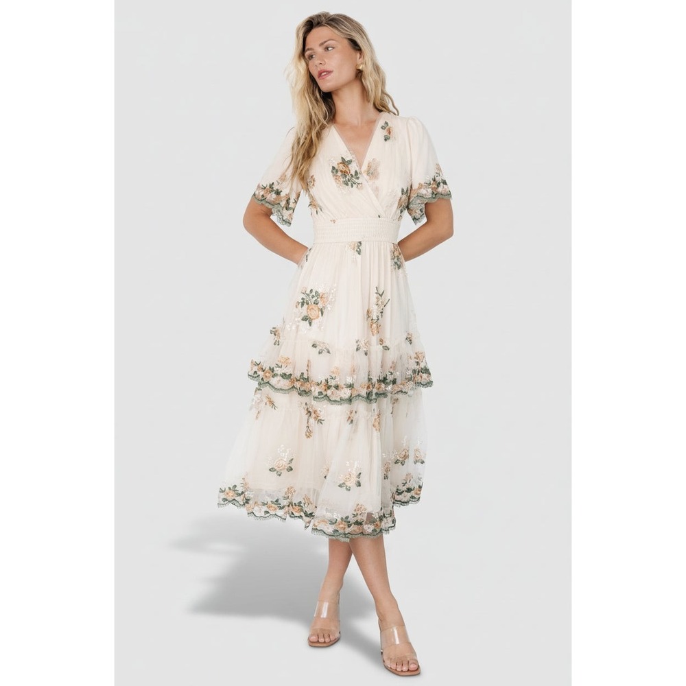 Baltic Born Cynthia Embroidered Tulle Midi Dress 3X Cream Floral Cottage Fairy